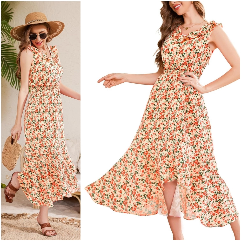 NWT Aupuls Cream Floral V Cottagecore Sun Ruffle High Low Flowy Maxi Dress M